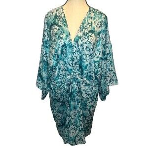 Linea Donatella Satin Charmeuse Wrap Short Robe Jade Medallion Print L/XL NWT